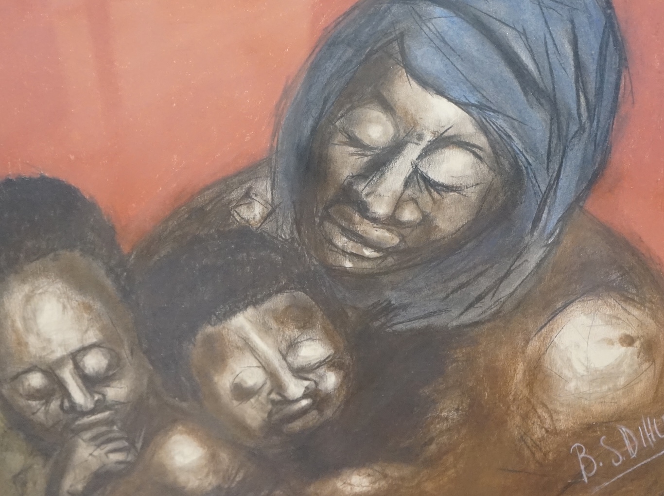 B.S. Dihutso, pastel, Mother and children, signed, 42 x 55cm. Condition - good